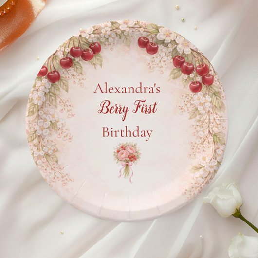 Blush Cherry Botanical Party 1st Birthday ペーパープレート