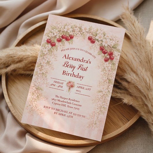 Blush Cherry Botanical Party 1st Birthday 招待状