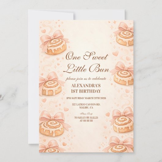 Blush Cinnamon Bow Little Bun 1st Birthday 招待状 (正面)