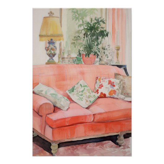 Blush Comfort – Watercolor Pink Couch Living Room ポスター (正面)
