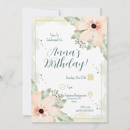 Blush Coneflower Watercolour Florals Birthday 招待状 (正面)