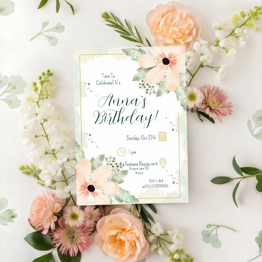 Blush Coneflower Watercolour Florals Birthday 招待状