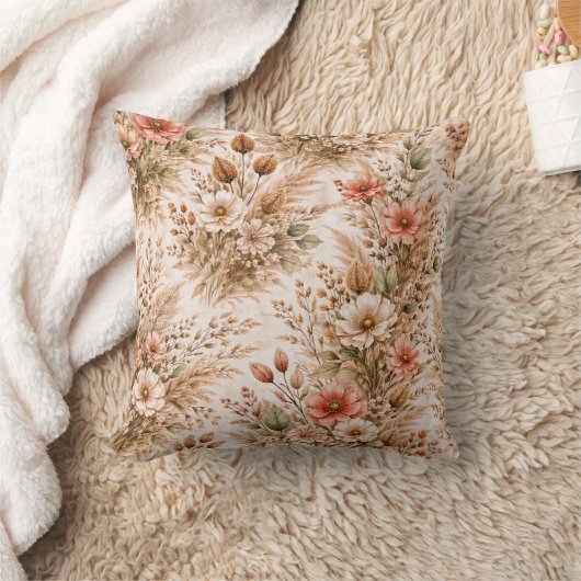 Blush Coral Boho Wildflower Bouquet Pattern クッション (ブランケット)