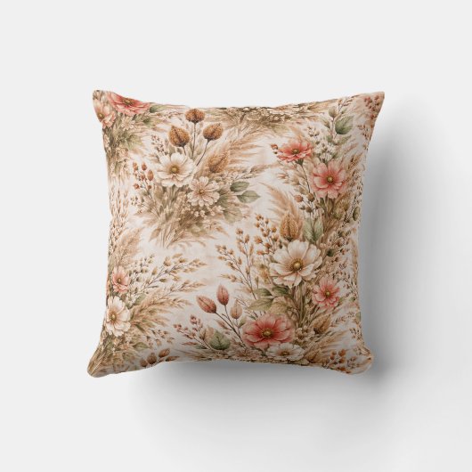 Blush Coral Boho Wildflower Bouquet Pattern クッション (裏面)