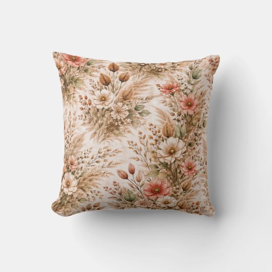 Blush Coral Boho Wildflower Bouquet Pattern クッション (正面)
