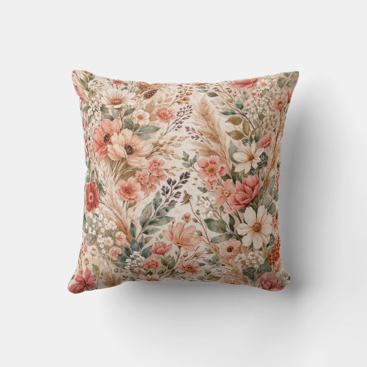 Blush Coral Wildflower Boho Garden Pattern クッション (裏面)