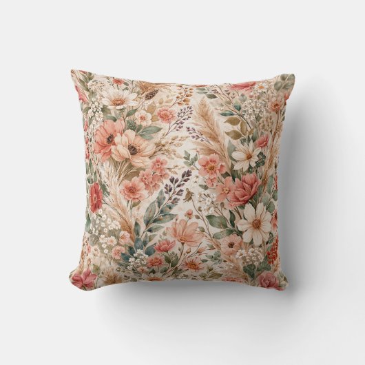 Blush Coral Wildflower Boho Garden Pattern クッション (正面)