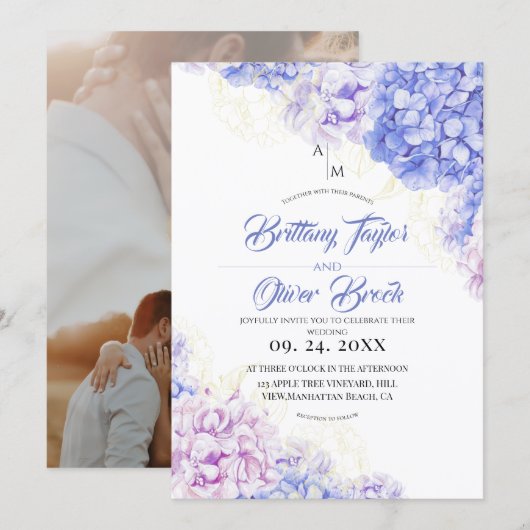 Blush Dusty and Navy Blue Hydrangea Wedding  招待状 (正面/裏面)