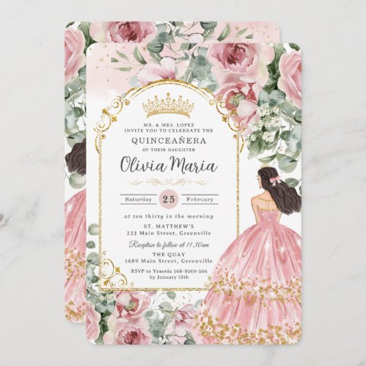 Blush Dusty Pink Floral Dress Quinceañera Sweet 16 招待状 (正面/裏面)