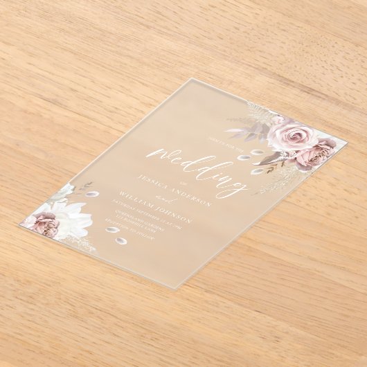 Blush & Dusty Rose Floral Wedding Frosted アクリル招待状 (レイダウン)