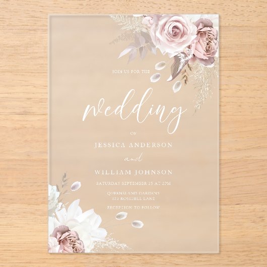 Blush & Dusty Rose Floral Wedding Frosted アクリル招待状 (正面)