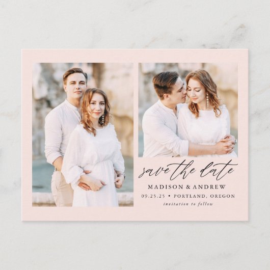 Blush | Elegant Script 2 Photo Save the Date 案内ポストカード (正面)