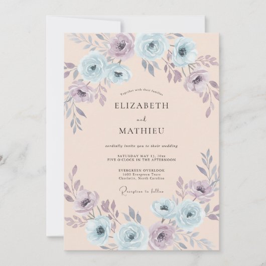 Blush Ethereal Light Blue Floral Wedding 招待状 (正面)