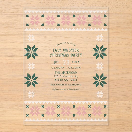 Blush Evergreen Ugly Sweater Christmas Party アクリル招待状 (正面)