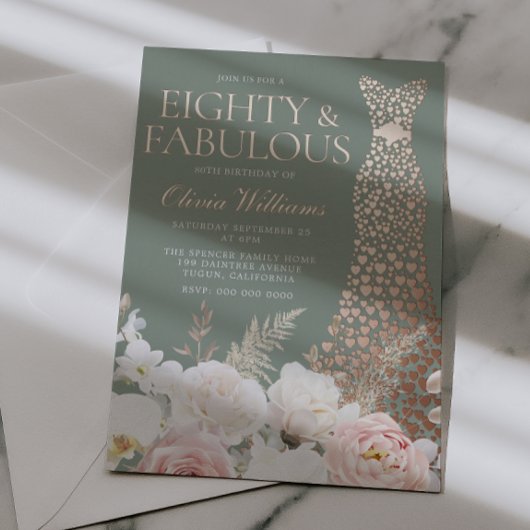  Blush Floral 80th Birthday Rose Gold Gown 箔招待状