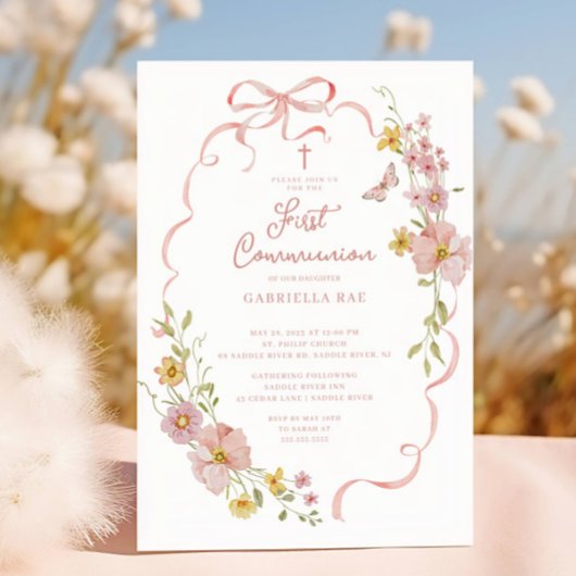 Blush Floral Butterfly Communion Invitation 招待状