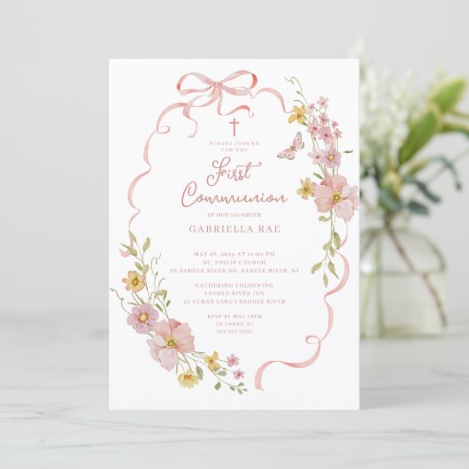 Blush Floral Butterfly Communion Invitation 招待状 (スタンド正面)