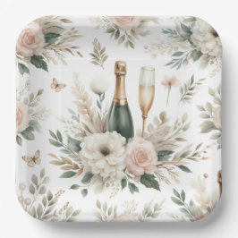 Blush Floral Champagne Party Plates ペーパープレート