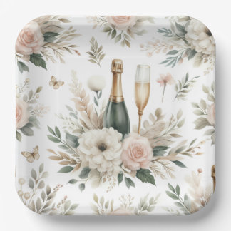Blush Floral Champagne Party Plates ペーパープレート