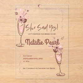 Blush Floral Champagne She Said Yes Bridal Shower アクリル招待状