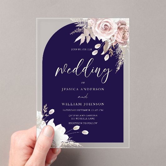 Blush Floral Deep Navy Arch Wedding アクリル招待状 (インサイチュ (ポータブル))