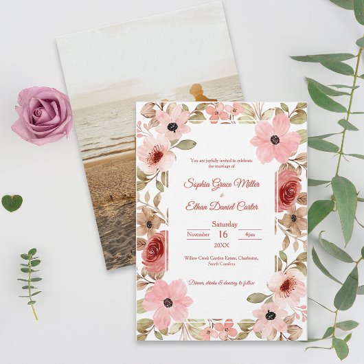 Blush Floral Elegant Photo Wedding Invitation 招待状