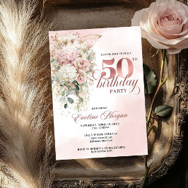 Blush Floral Eucalyptus Rose Gold 50th Birthday  招待状