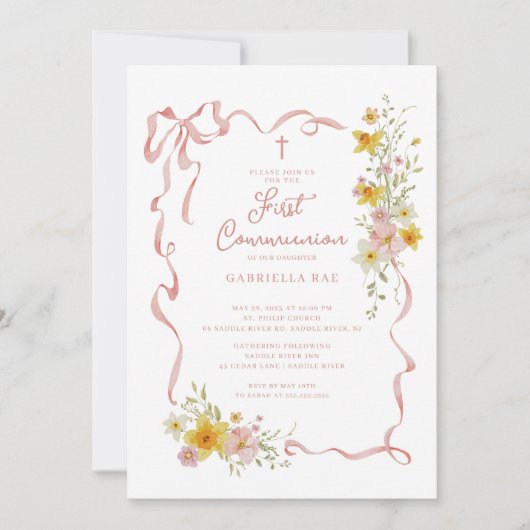 Blush Floral First Communion Invitation 招待状 (正面)