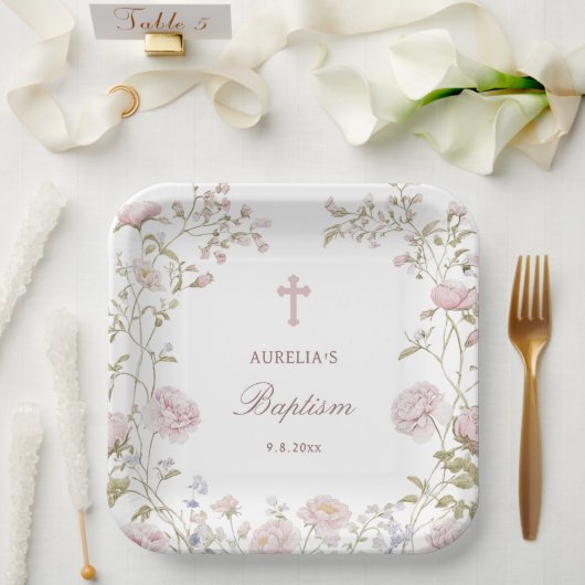Blush Floral Frame Baptism ペーパープレート (ウェディング)
