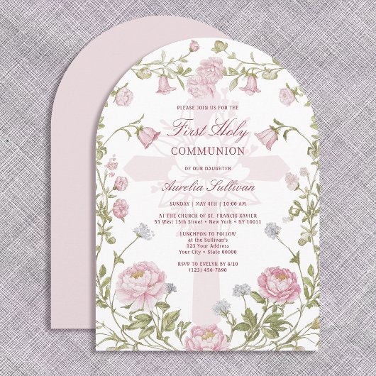 Blush Floral Frame Holy Cross First Holy Communion 招待状