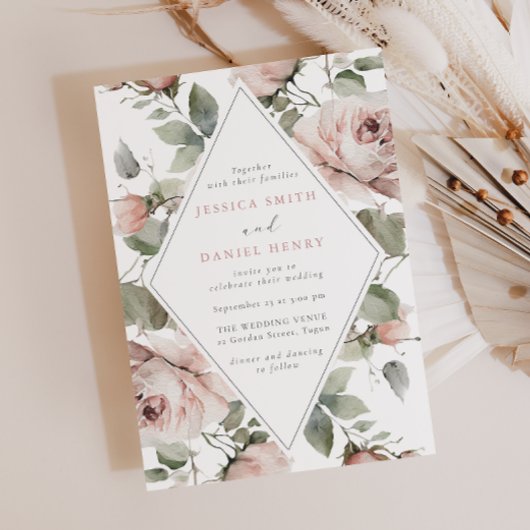 Blush Floral Frame & Sage Wedding 招待状