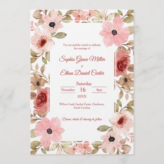 Blush Floral Garden Border Wedding Invitation 招待状 (正面)