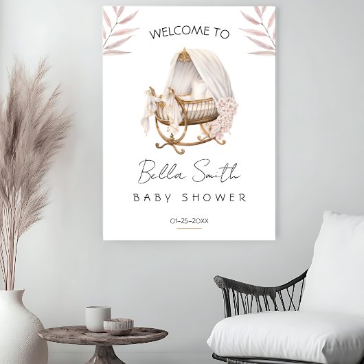 Blush Floral Gold Bassinet Baby Shower Welcome ポスター