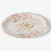 Blush Floral Gold Frame Personalized 90th Birthday ペーパープレート (アングル)