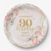 Blush Floral Gold Frame Personalized 90th Birthday ペーパープレート (正面)