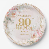 Blush Floral Gold Frame Stylish 90 Birthday Plates ペーパープレート (正面)