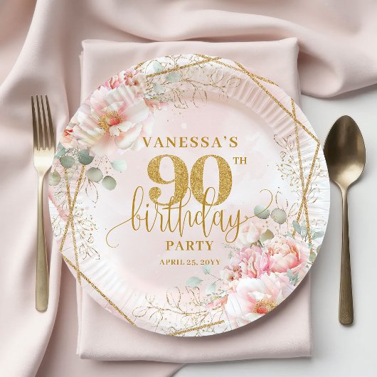 Blush Floral Gold Frame Stylish 90 Birthday Plates ペーパープレート