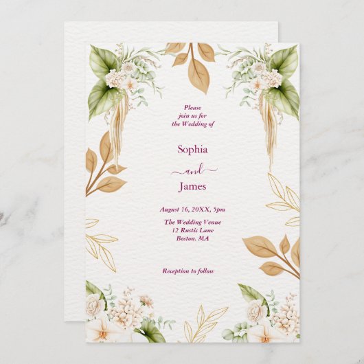 Blush Floral Gold Geometric wedding 招待状 (正面/裏面)