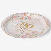 Blush Floral Gold Glitter Elegant 90th Birthday   ペーパープレート (アングル)