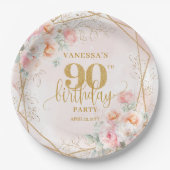 Blush Floral Gold Glitter Elegant 90th Birthday   ペーパープレート (正面)