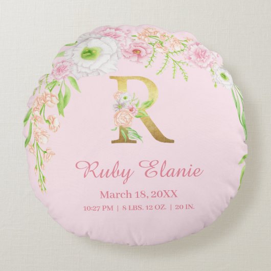 Blush Floral Gold Monogram "R" Baby Girl Stats ラウンドクッション (正面)
