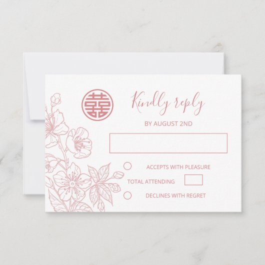 Blush Floral Line Art Chinese Wedding RSVP (正面)