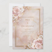 Blush Floral Marble Gilded Frame Wedding 招待状 (正面)