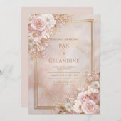 Blush Floral Marble Gilded Frame Wedding 招待状 (正面/裏面)