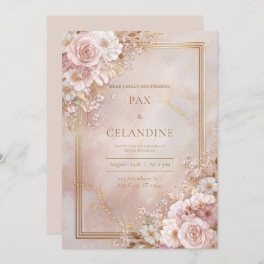 Blush Floral Marble Gilded Frame Wedding 招待状 (正面/裏面)