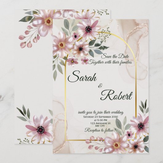 Blush Floral Marble Gold Arch Wedding Invite 招待状 (正面/裏面)