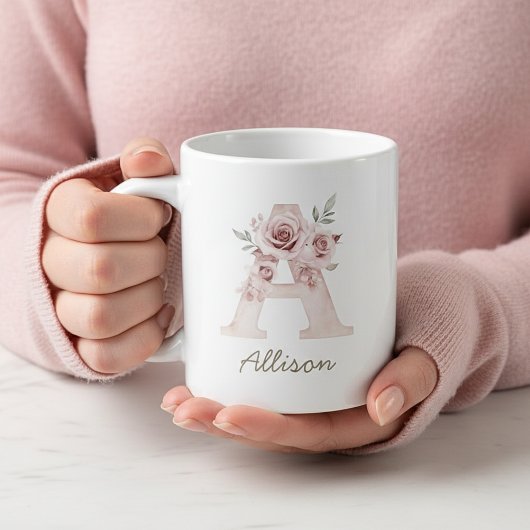 Blush Floral Monogram Feminine Mug - Letter A ジャンボコーヒーマグカップ