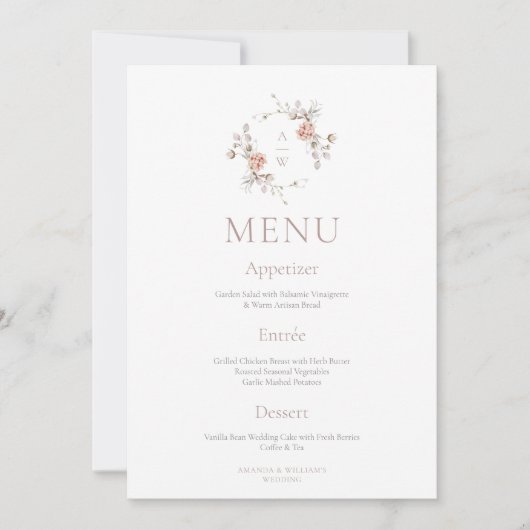 Blush Floral Monogram Two-Sided Wedding Menu 招待状 (正面)