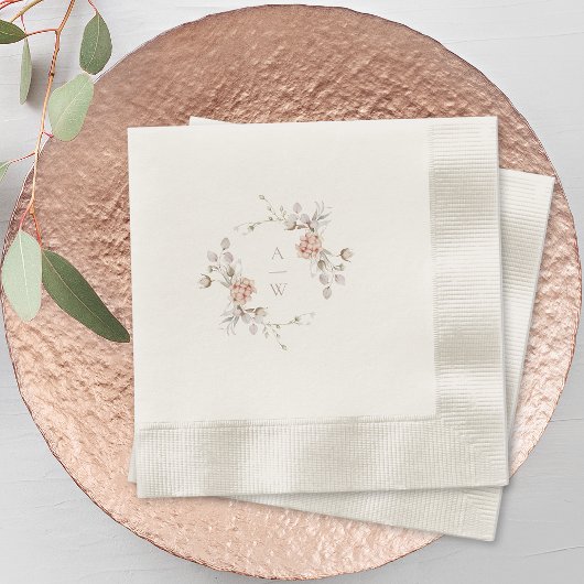 Blush Floral Monogram Wedding Napkins 縁ありカクテルナプキン