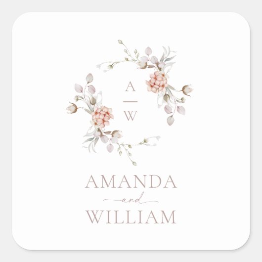 Blush Floral Monogram Wedding Sticker  スクエアシール (正面)